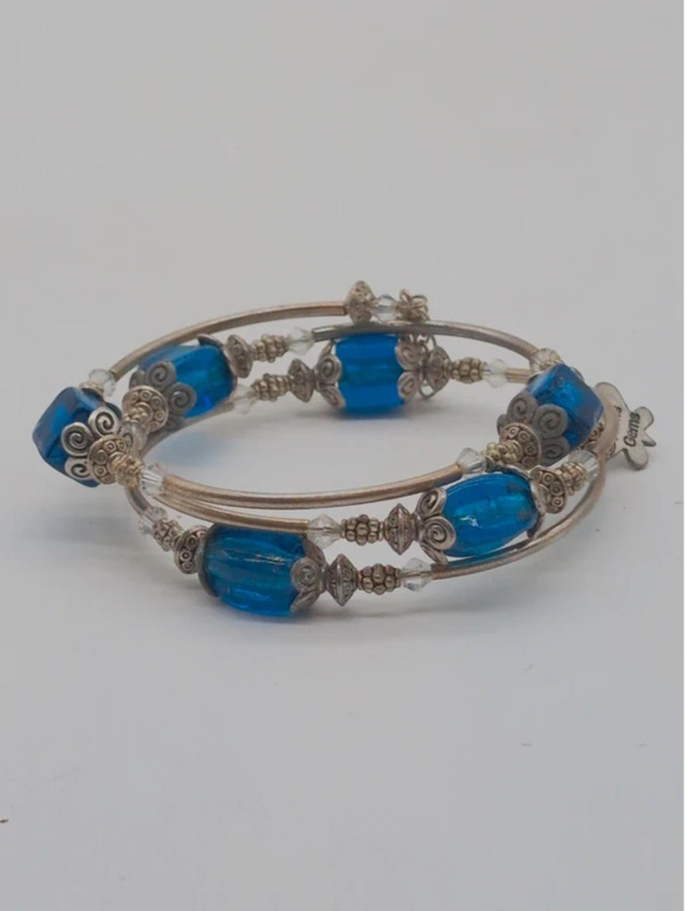 Pams Gems Vintage Blue Glass Bead Memory Wire Wrap Bracelet